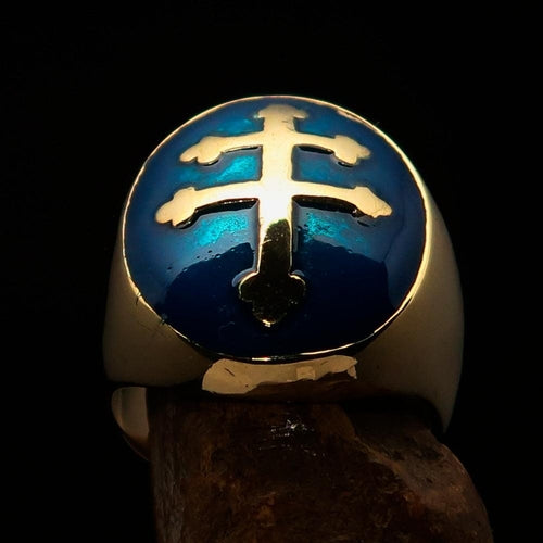 Excellent crafted oval domed Men's blue Cross Lorraine Ring - solid brass