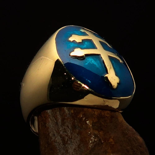 Excellent crafted oval domed Men's blue Cross Lorraine Ring - solid brass