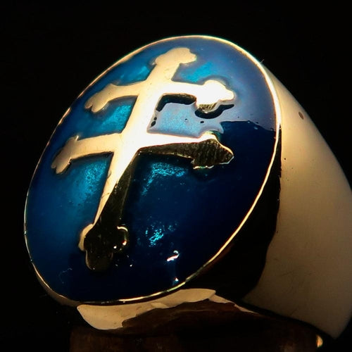 Excellent crafted oval domed Men's blue Cross Lorraine Ring - solid brass