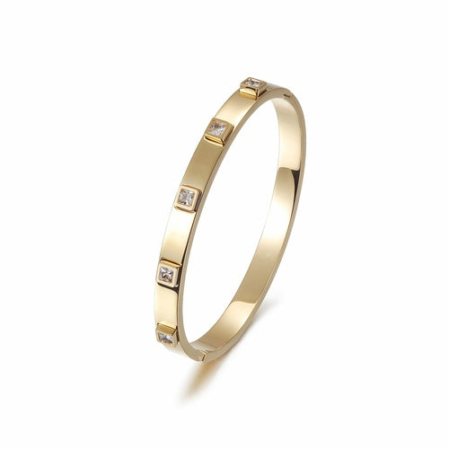 Metal Stone Hinged Bangle - 14k gold plated