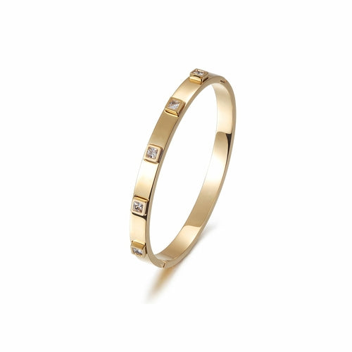 Metal Stone Hinged Bangle - 14k gold plated