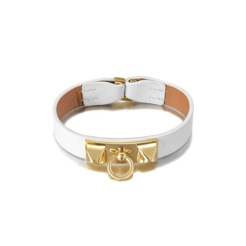 Leather Strap Bracelet - Black or White with Gold Plate