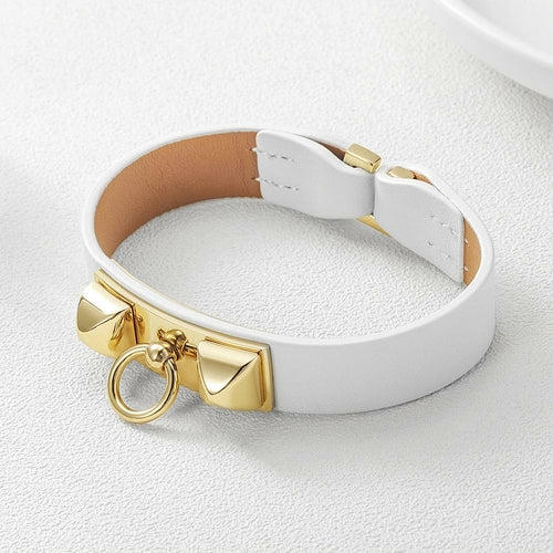 Leather Strap Bracelet - Black or White with Gold Plate