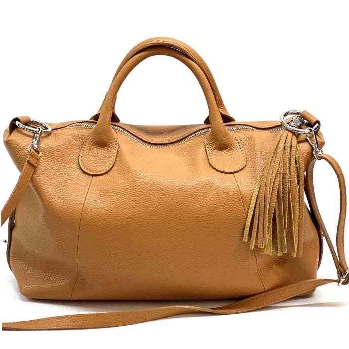 Pebbled Leather Satchel: Natural Grain Italian Style Travel Bag