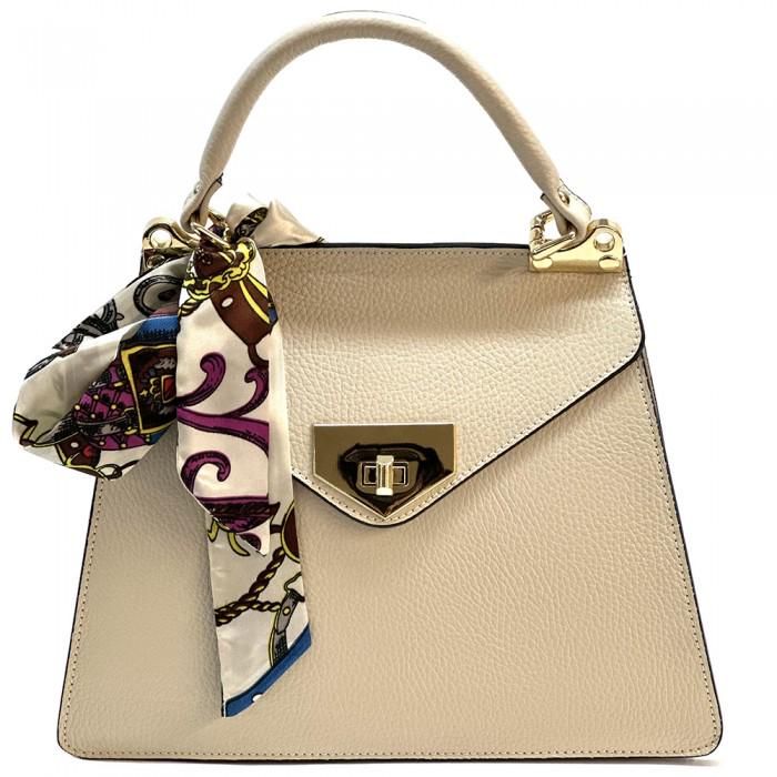 May include: A beige leather satchel handbag with a gold-tone clasp and a colorful silk scarf accent. The handbag features a structured top handle and a flap closure. The scarf has a paisley-like pattern with various colors, including purple, blue, and gold. The bag is a sophisticated accessory suitable for various occasions.