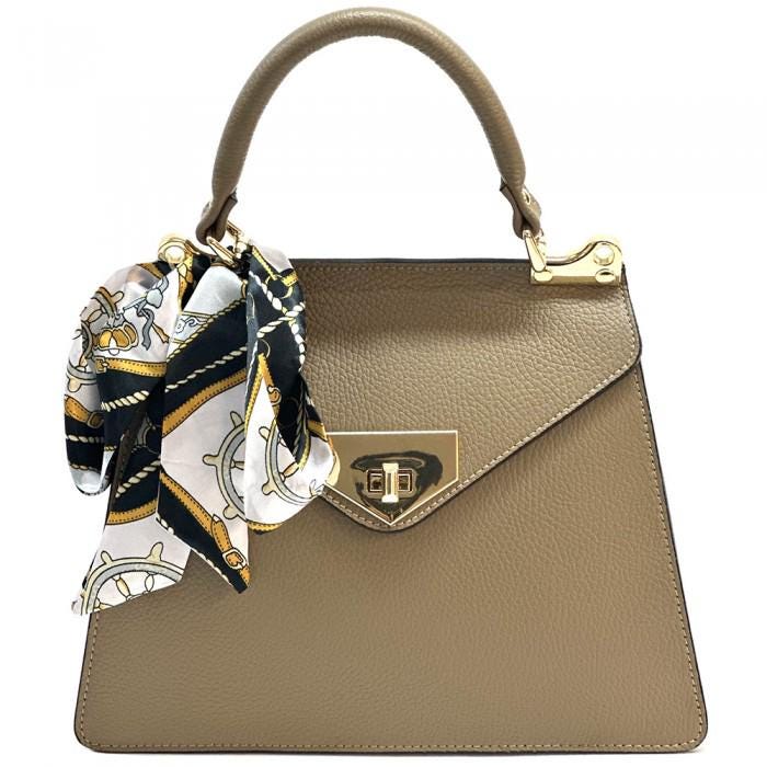 Classic Flap Design Tote in Pebbled Italian Leather, with Detachable Silk Scarf. Handmade in Florence, Italy. Free Shipping to the US.