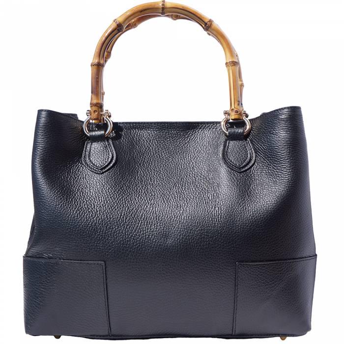 Tote Bag in Black Calfskin with  Bambo Shape Wood  Handles. Handmade in Italy, Free Shipping