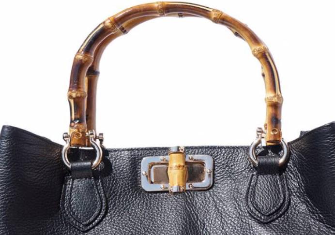 Tote Bag in Black Calfskin with  Bambo Shape Wood  Handles. Handmade in Italy, Free Shipping