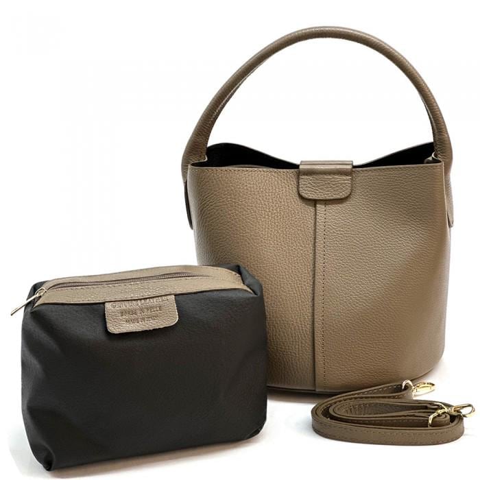 Full Grain Leather Bucket Bag in Taupe with Pochette, Handmade in Italy, Free Shipping and a Gift With Purchase.