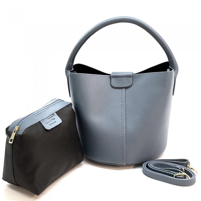 Stone Blue, Pebbled, Full Grain Leather Bucket Bag with Pochette, Handmade in Italy,  Free Shipping, Gift With Purchase.