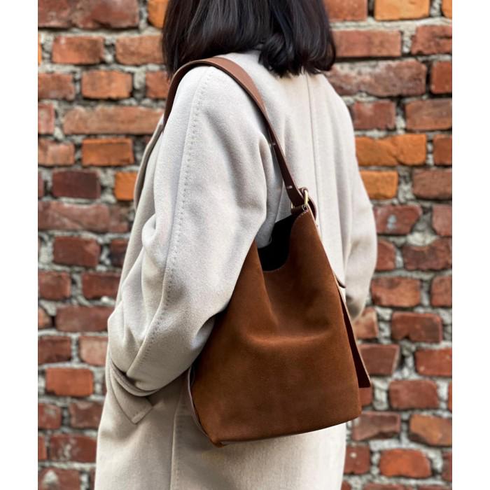 Light Grey Suede Bucket Bag, Full Grain Leather, Made in Italy, Free Shipping