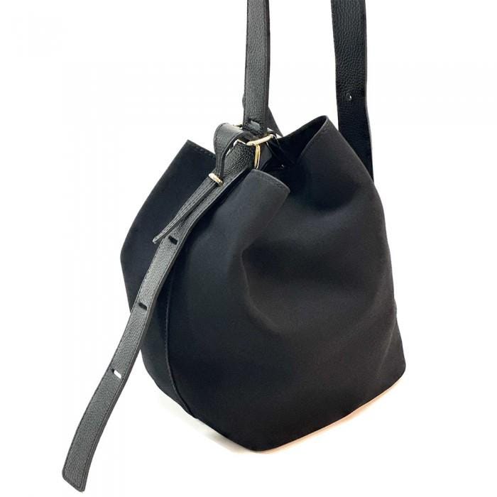 Italian Suede Bucket Bag: Full Grain Leather Strap, Gold Hardware