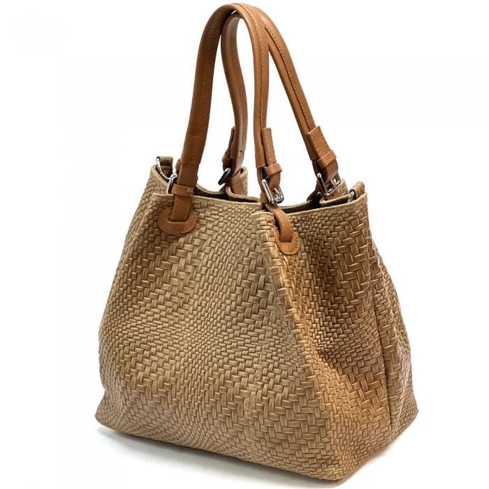 Coco-colored Textured Premium Leather Shoulder Bag Handmade in Italy, Free Shipping