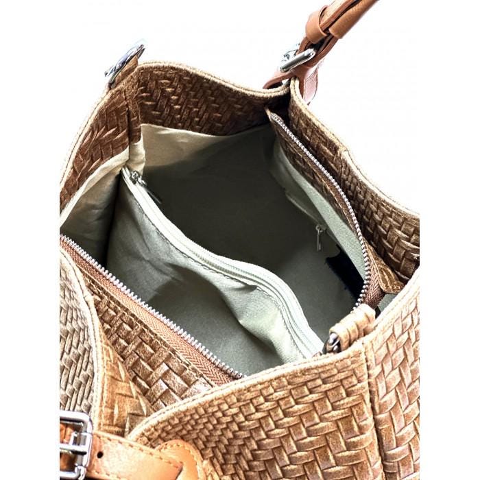 Coco-colored Textured Premium Leather Shoulder Bag Handmade in Italy, Free Shipping