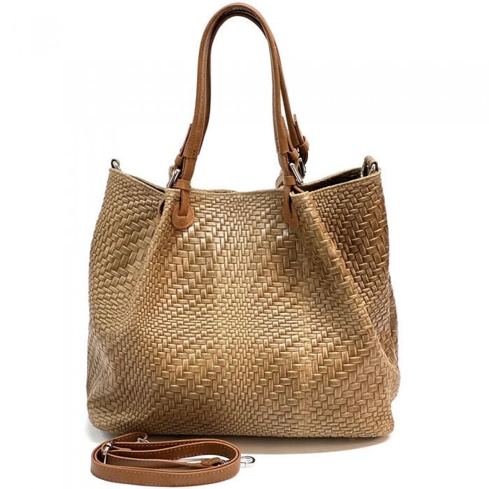 Coco-colored Textured Premium Leather Shoulder Bag Handmade in Italy, Free Shipping