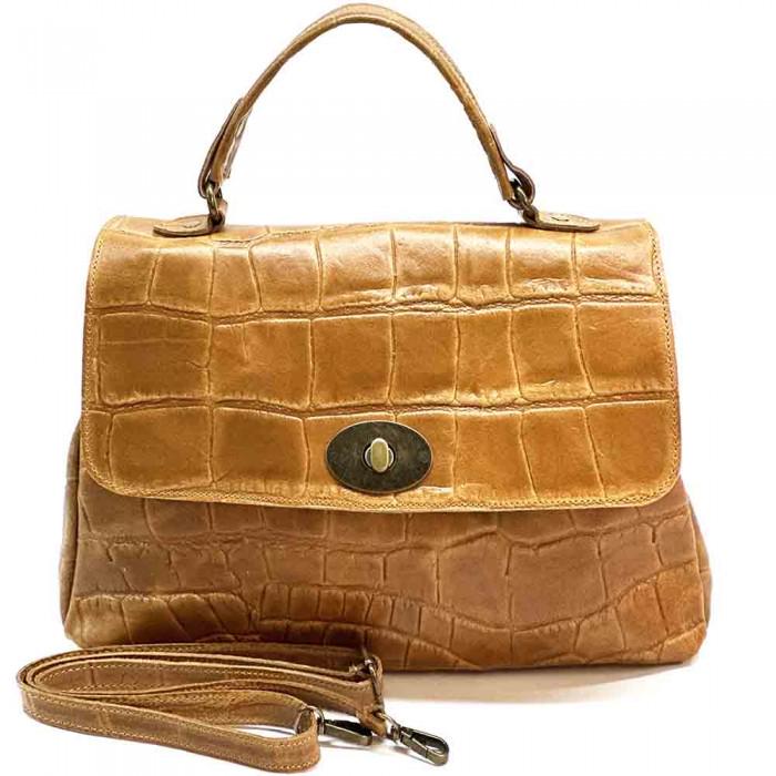 Iconic Full Grain Hand Printed Leather Bag in Camel or Black Handmade in Italy, Free Shipping
