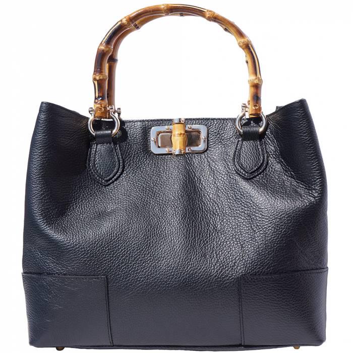 Tote Bag in Black Calfskin with  Bambo Shape Wood  Handles. Handmade in Italy, Free Shipping