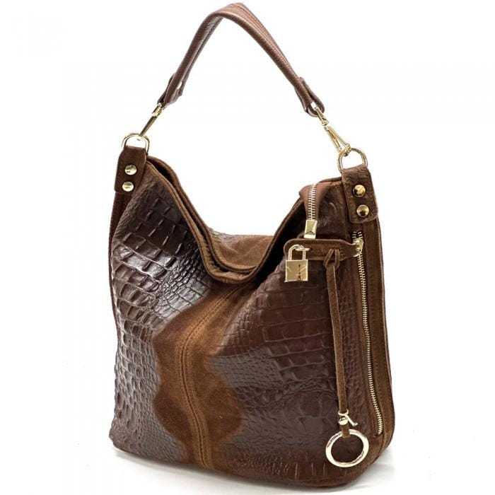 Chocolate Brown Python- Embossed Sued and leather Hobo Bag, Handmade in Italy, Free Shipping