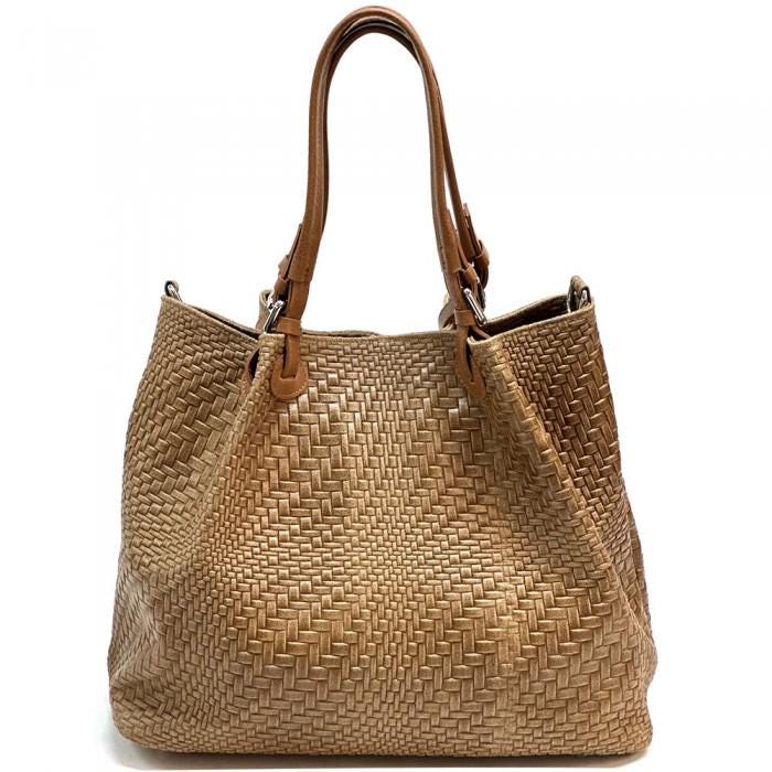 Textured Leather Shoulder Bag: Handmade Italian Coco-Colored Tote