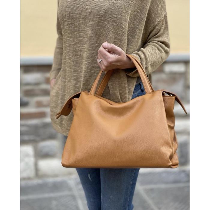 Camel Tote or Shoulder Bag Made in Italy from Premium Pebbled Leather, Free Shipping