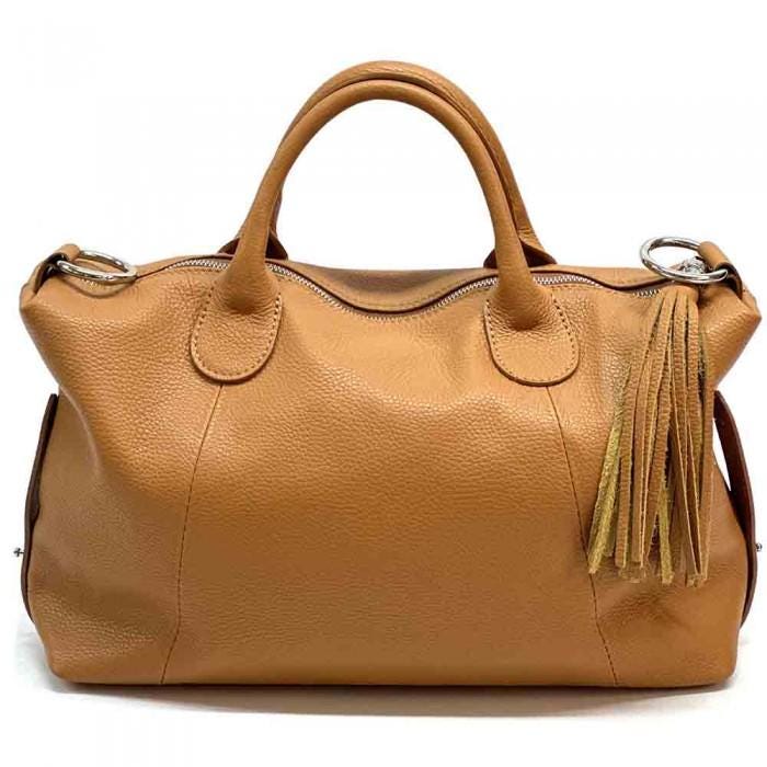 Camel Color Top Handle Bag-Pebbled Premium Leather Handmade in Italy Free Shipping