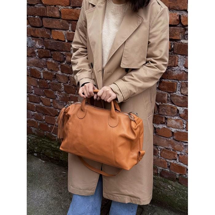 Camel Color Top Handle Bag-Pebbled Premium Leather Handmade in Italy Free Shipping