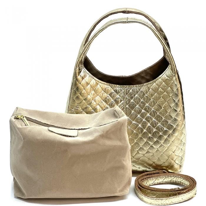 Lux Handmade Quilted Leather Hobo Bag in Metalic Gold, Made in Italy, Free Shipping