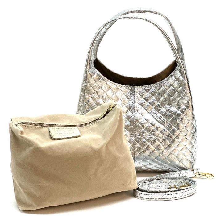 Handmade Quilted Leather Hobo Bag: Metallic Silver, Made in Italy