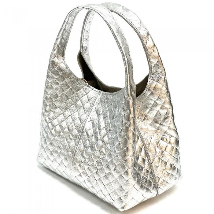 Handmade Quilted Leather Hobo Bag: Metallic Silver, Made in Italy