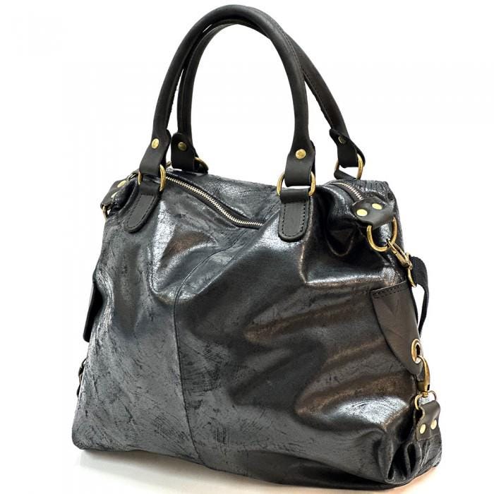 Handmade Italian Leather Hobo Tote Bag: Slouchy Black Shoulder Bag