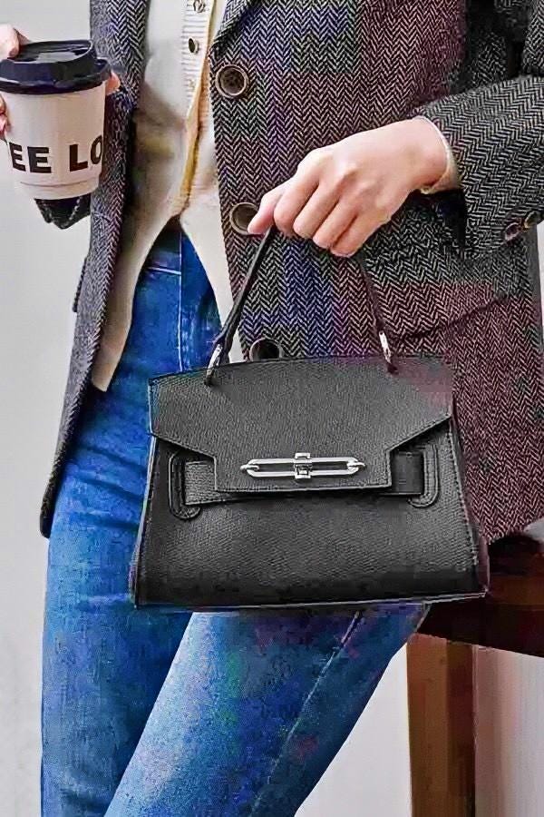 Iconic Design Top Handle Bag in Premium Pebbled Faux Leather -- Black or PinkCream