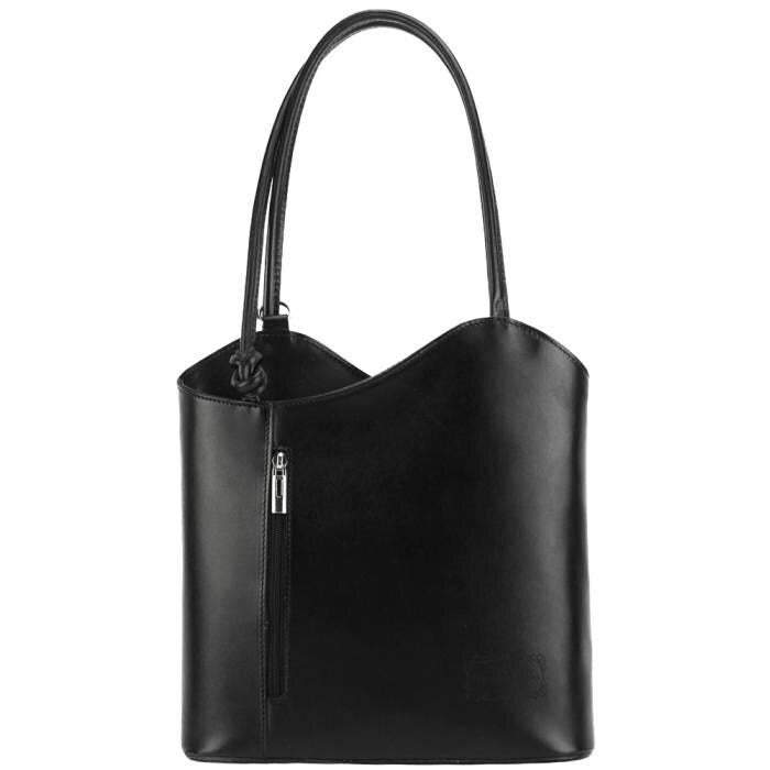 Convertible Tote Backpack, Polished Black Premium Leather, Handmade in Italy, Free Shipping