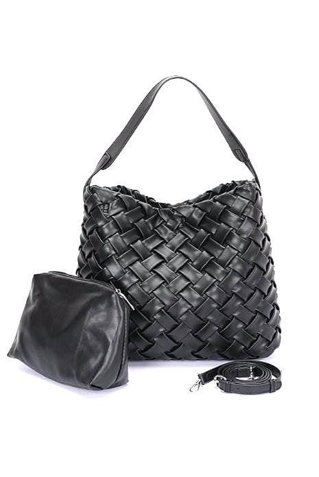 Indispensable Woven Black Faux Leather Tote with Pochett