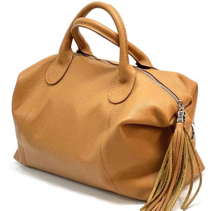 Camel Color Top Handle Bag-Pebbled Premium Leather Handmade in Italy Free Shipping