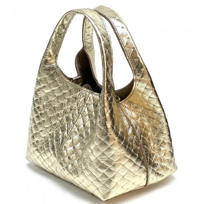 Lux Handmade Quilted Leather Hobo Bag in Metalic Gold, Made in Italy, Free Shipping