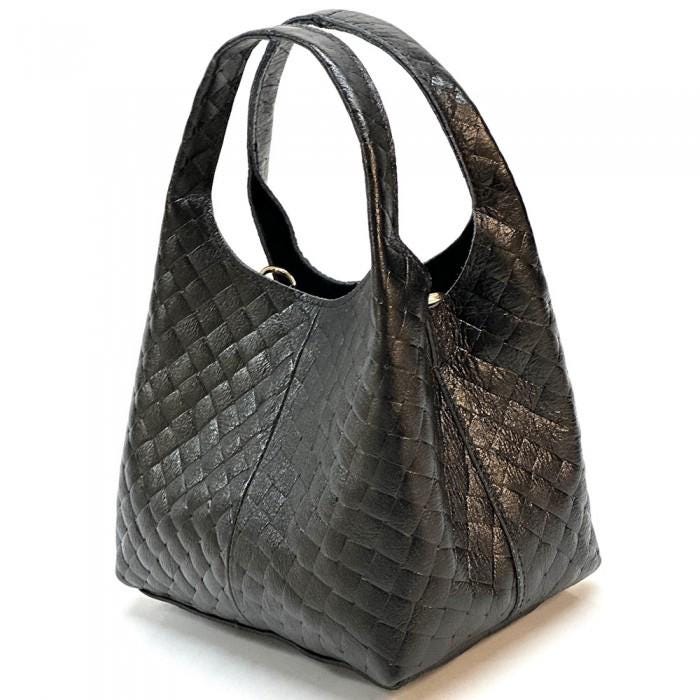 Metallic Black Leather Hobo Bag Handmade in Italy, Crossbody or Handheld,  Free Shipping