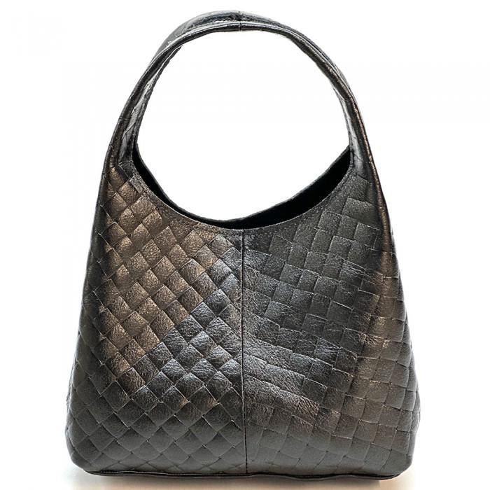 Metallic Black Leather Hobo Bag Handmade in Italy, Crossbody or Handheld,  Free Shipping