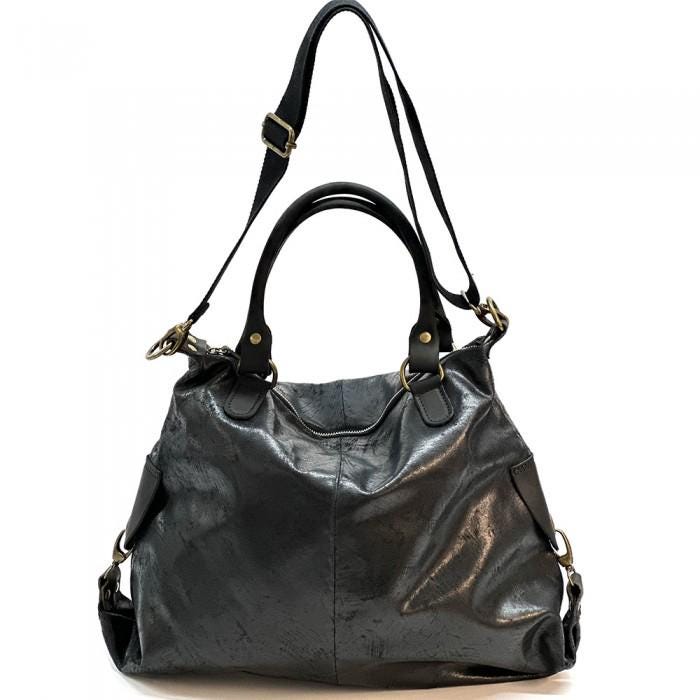 Slouchy, Black Leather Hobo Tote Bag Handmade in Italy, Free Shipping
