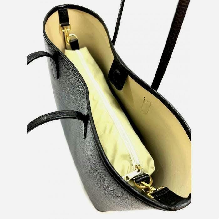 Classic Full-Grain Premium Black Leather Tote Bag, minimalist aesthetic. Essential