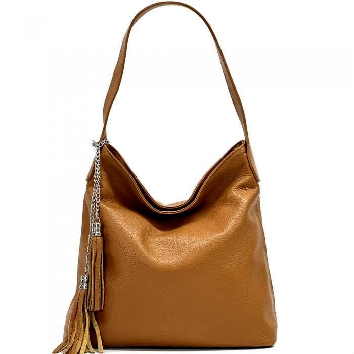 Pebbled Lether Shoulder Bag in Light Moca, Handmade In Italy, Free Shipping