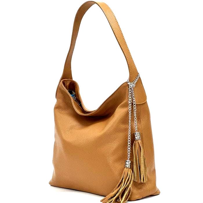 Pebbled Lether Shoulder Bag in Light Moca, Handmade In Italy, Free Shipping