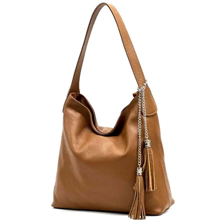 Pebbled Lether Shoulder Bag in Light Moca, Handmade In Italy, Free Shipping