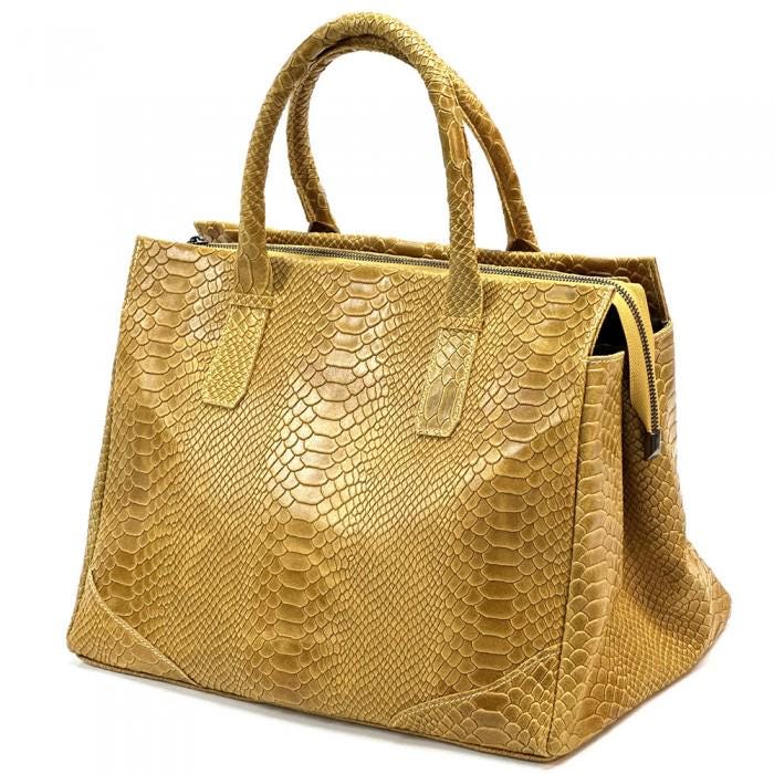 Black Python Printed Luxurious Leather Tote Bag, Unique and Bold Design, Handmade in Italy