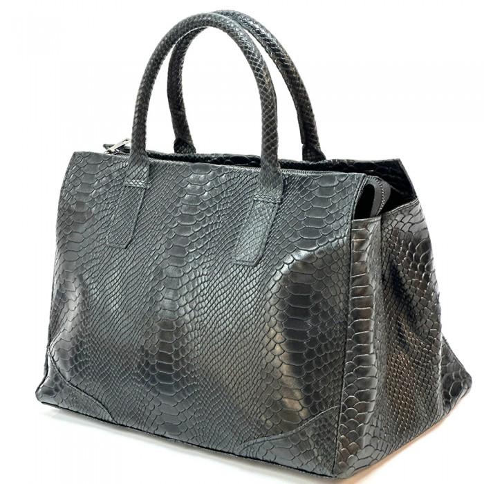 Black Python Printed Luxurious Leather Tote Bag, Unique and Bold Design, Handmade in Italy