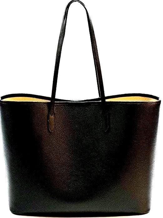 Classic Full-Grain Premium Black Leather Tote Bag, minimalist aesthetic. Essential
