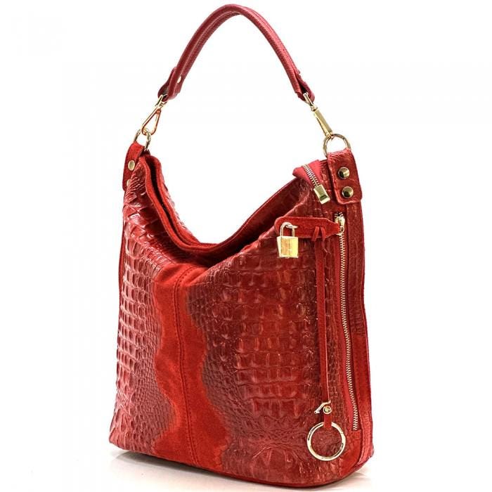 Embossed Suede and Leather Hobo Bag, Handmade in Italy, Free Shipping