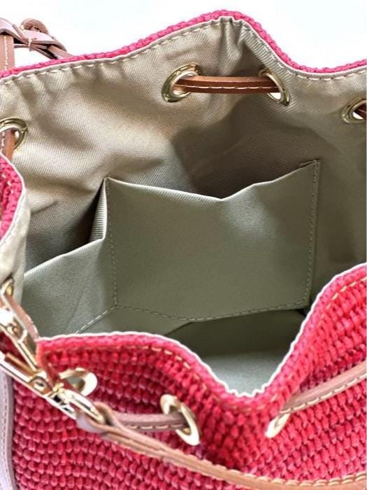 Raffia and Leather, Drawstring Bucket Bag for Spring and Summer,  Handmade in Italy,  Free Shipping