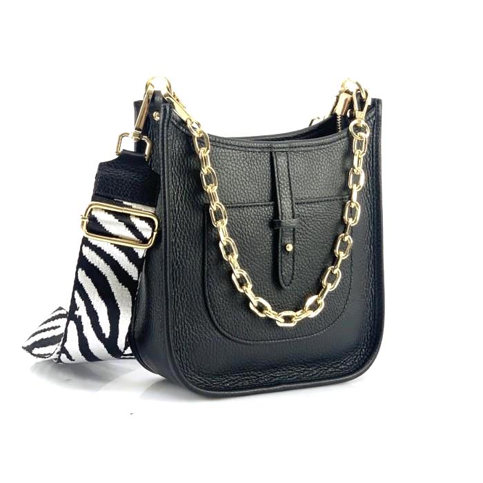 Full Grain Pebbled Shoulder Bag with Chain Detail and Adjustable Strap, Made in Italy, Free Shipping