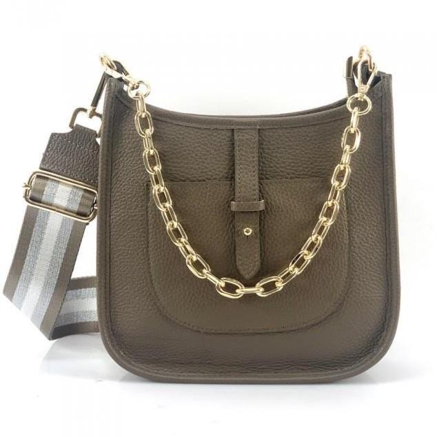 Full Grain Pebbled Shoulder Bag with Chain Detail and Adjustable Strap, Made in Italy, Free Shipping