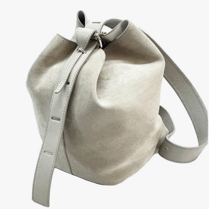 Light Grey Suede Bucket Bag, Full Grain Leather, Made in Italy, Free Shipping